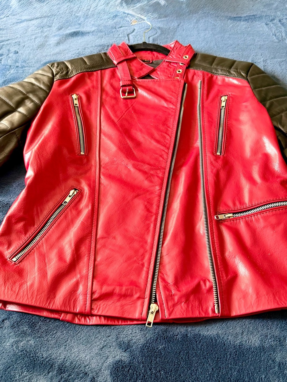 NWT Women’s Red Black Genuine Leather Moto Biker Jacket Size Large YKK